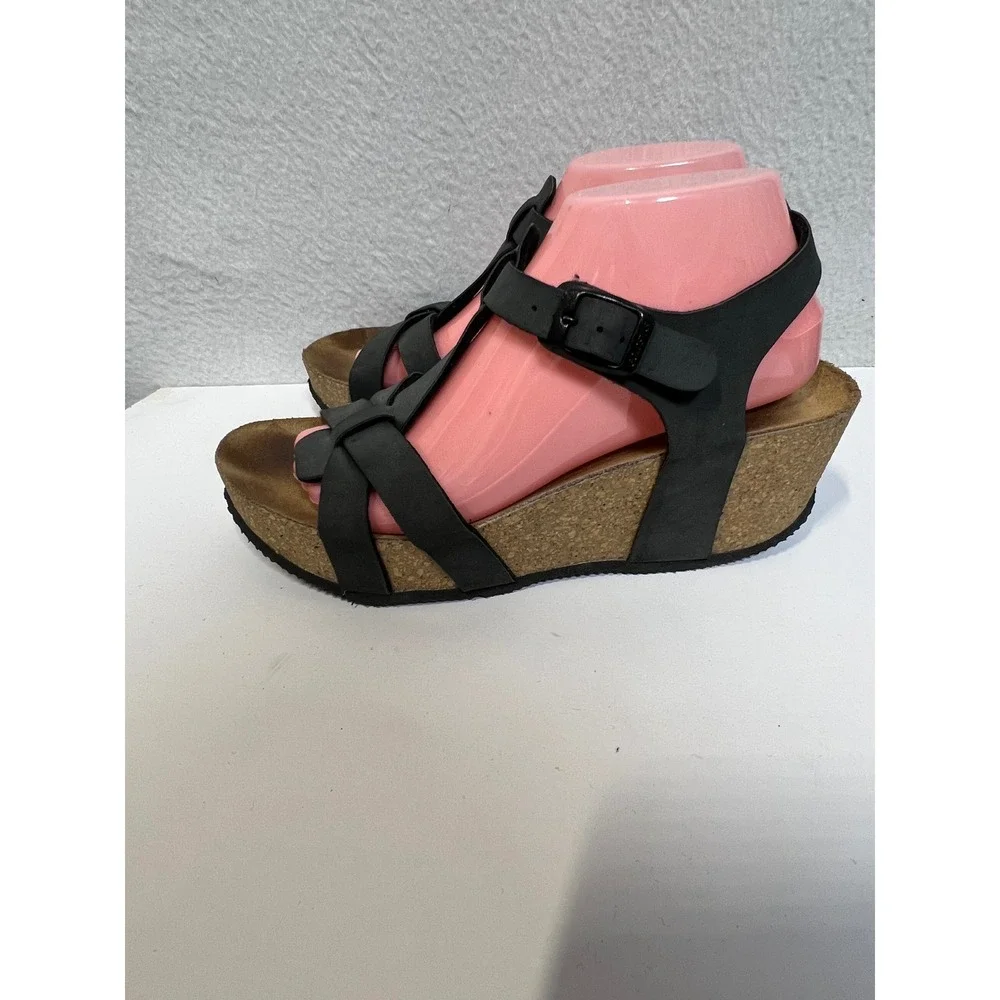 Goldstar Black Cork Wedge Platform Sandals Womens 41 US 10.5 Buckle Ankle Strap‎